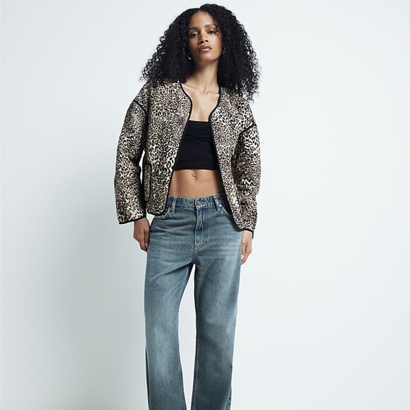 NWT! Leopard Animal Print Crop Quilted Puffer Jacket Open Front Lightweight Coat - Picture 1 of 10